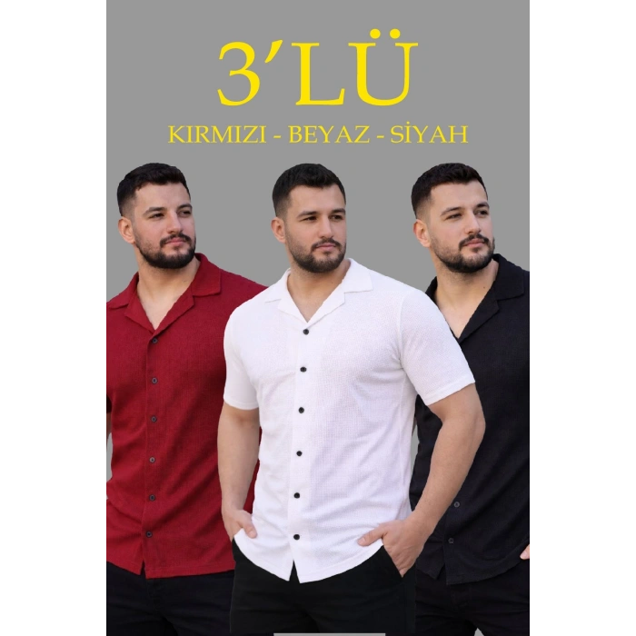 Erkek Waffle Kumaş Yakalı Kısa Kol Düğmeli Gömlek 3’lü Set Siyah-Kırmızı-Beyaz