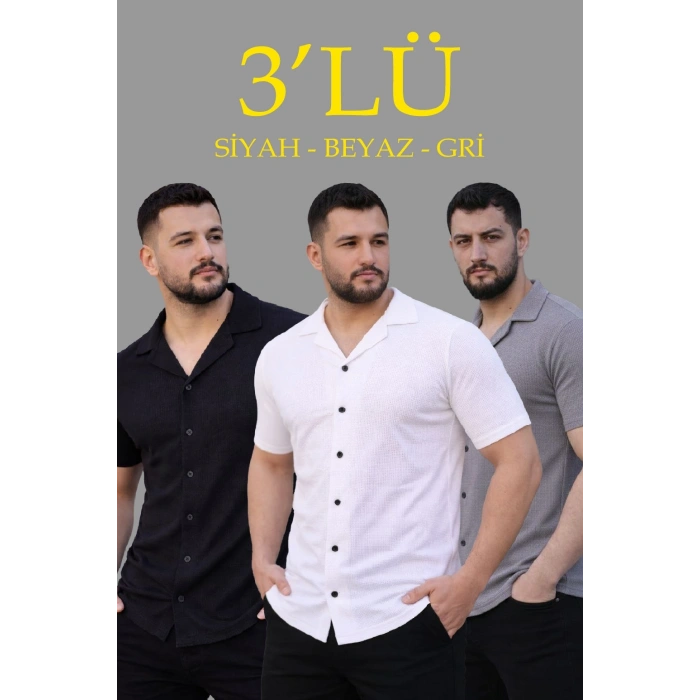 Erkek Waffle Kumaş Yazlık Yakalı Kısa Kol Düğmeli Gömlek 3’lü Set Siyah-Beyaz-Gri