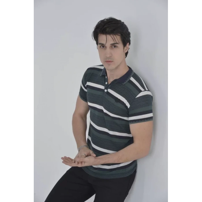 Erkek Yakalı Slim Fit Dokuma Çizgili TShirt