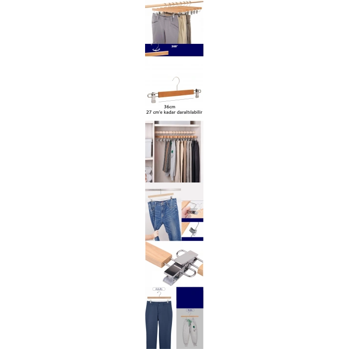 Etek Pantolon Eşarp Kıskaçlı Askı 8 Adet Ahşap