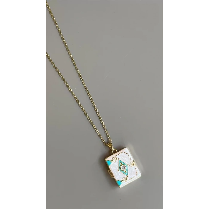 Etnik Desen Kapaklı Kolye - Beyaz