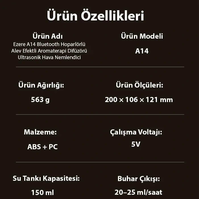 Ezere A14 Bluetooth Hoparlörlü Alev Efektli 8 Sesli Renkli Alev Görünümlü Aromaterapi Difüzörü Ultrasonik Hava Nemlendici