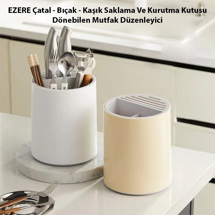 Ezere Çatal - Bıçak - Kaşık Saklama Ve Kurutma Kutusu Dönebilen Mutfak Düzenleyici