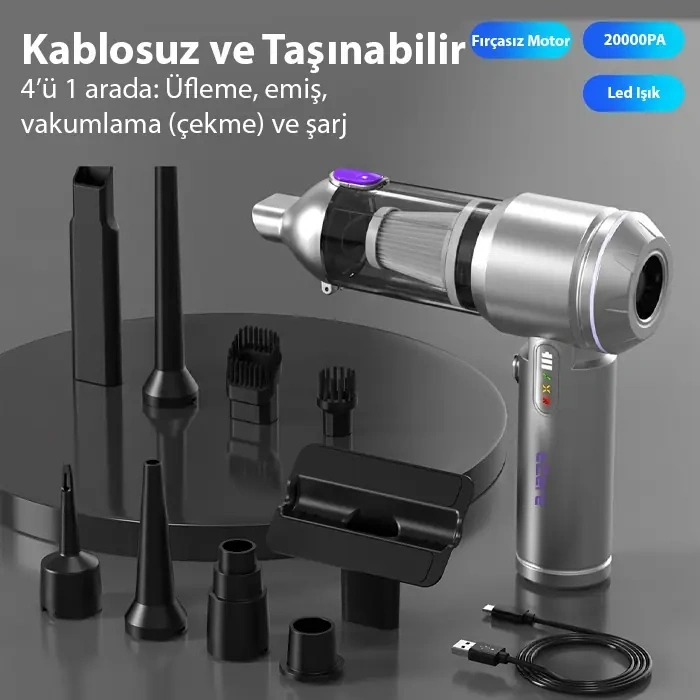 Ezere Vacpro 20000pa Güçlü Dijital Göstergeli Vakumlu Kablosuz Üflemeli Mini Araç Süpürgesi
