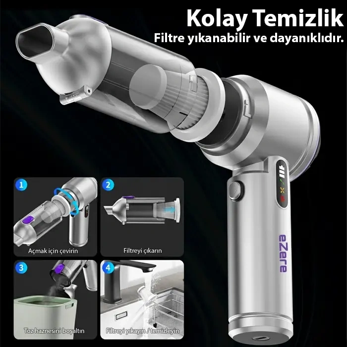 Ezere Vacpro 20000pa Güçlü Dijital Göstergeli Vakumlu Kablosuz Üflemeli Mini Araç Süpürgesi