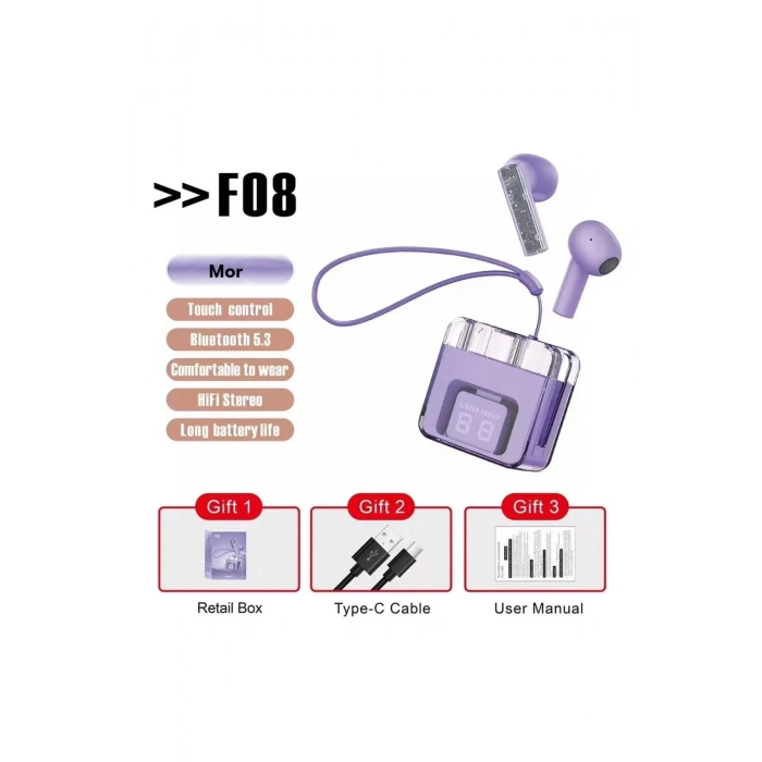 F08 Dijital Şarj Göstergeli TWS Bluetooth Kulaklık - Mor