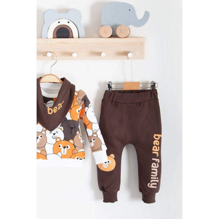 Family Bears Desenli 3lü Fularlı Erkek Bebek Takımı