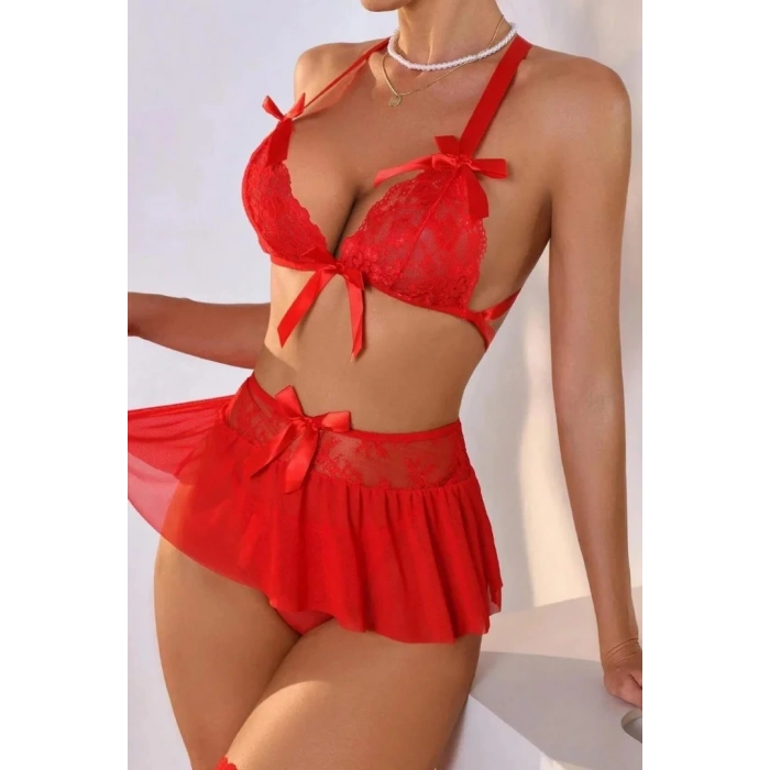Fantazi Kırmızı Dantelli Fiyonklu Seksi Babydol