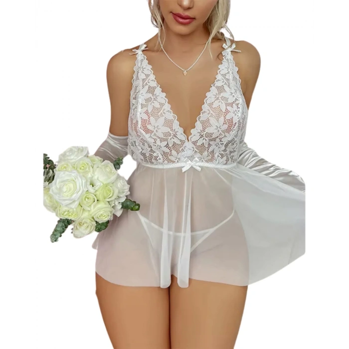 Fantezi Beyaz Dantelli Transparan Tül Etekli Seksi Elbise Gecelik