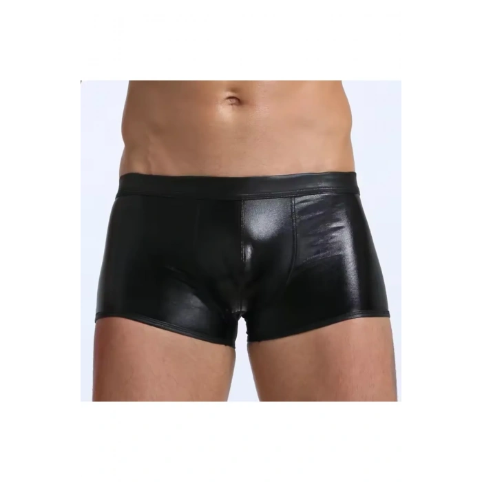Fantezi Deri Görünümlü Seksi Siyah Erkek Boxer - Fantezi Tanga