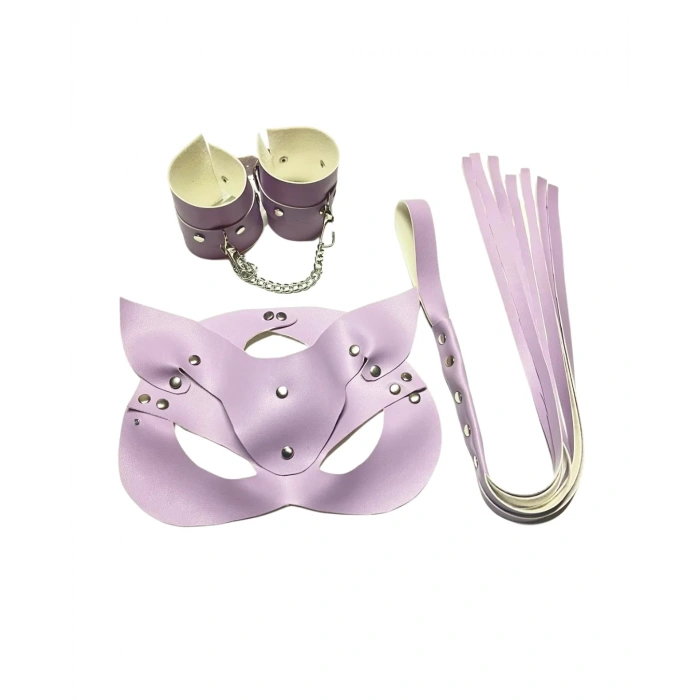 Fantezi Deri Seksi Lila Kedi Maske Kelepçe Kırbaç Seti ( 3’lü Set)