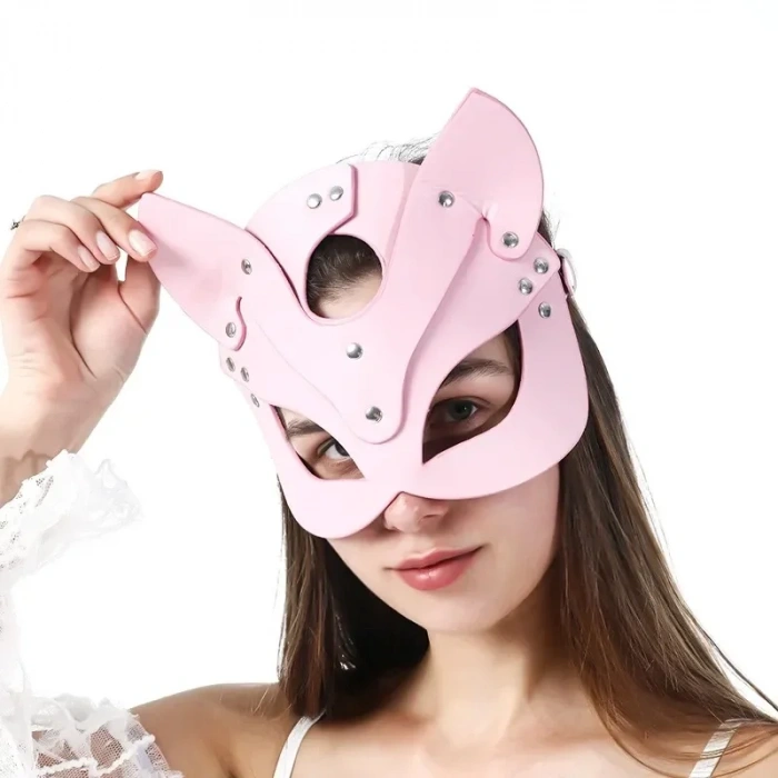Fantezi Deri Seksi Pembe Kedi Maske Kelepçe Kırbaç Seti ( 3lü Set)
