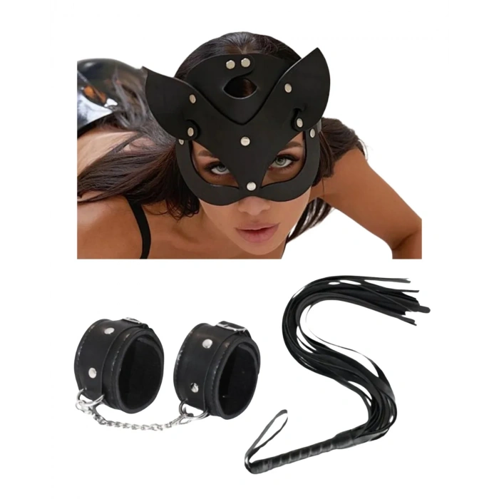 Fantezi Deri Seksi Siyah Kedi Maske Kelepçe Kırbaç Seti ( 3lü Set)