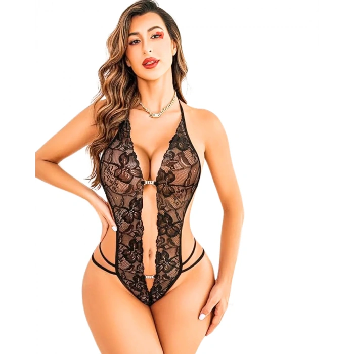 Fantezi Siyah Dantelli Zincirli Seksi Babydoll