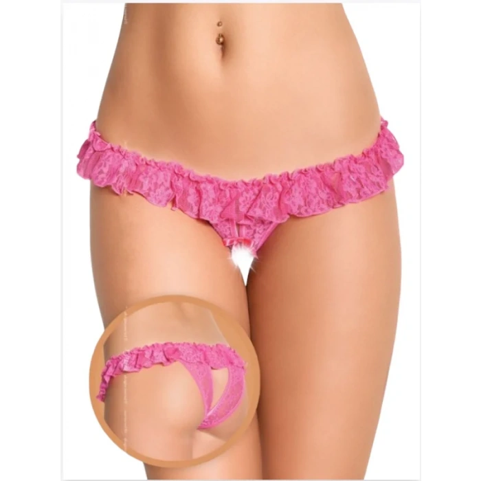 Fantezi Üstü Fırfırlı Ağı Açık Pembe Dantel Tanga - String