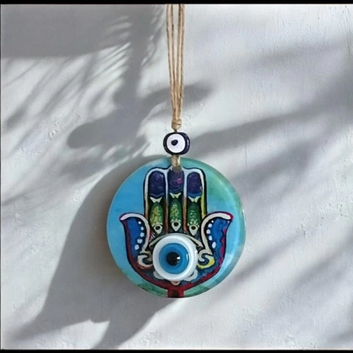 Fatma Ana Eli Desenli Nazar Boncuklu Duvar Süsü 10 Cm Cam Duvar Dekoru