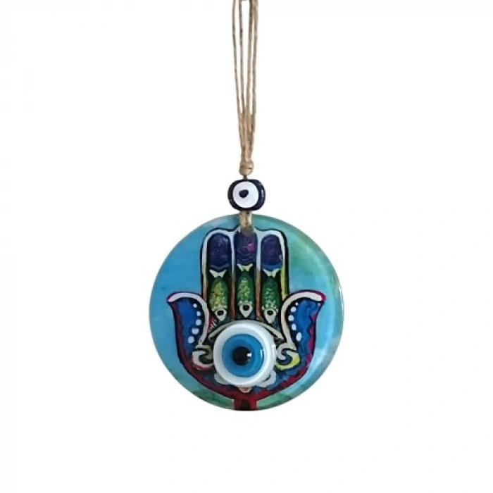 Fatma Ana Eli Desenli Nazar Boncuklu Duvar Süsü 10 Cm Cam Duvar Dekoru