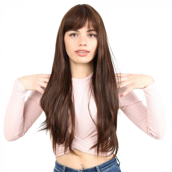 Fiber Sentetik Uzun Düz Kahküllü Peruk - Kahve  Karamel