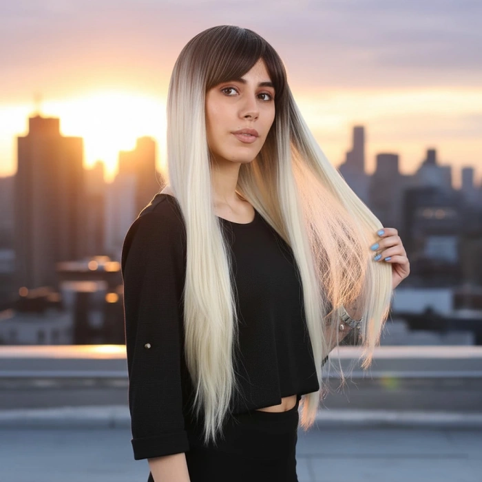 Fiber Sentetik Uzun Düz Kahküllü Peruk - Küllü Açık Kahve / Platin Ombreli