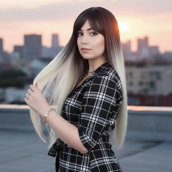 Fiber Sentetik Uzun Düz Kahküllü Peruk - Küllü Siyah / Platin Ombreli