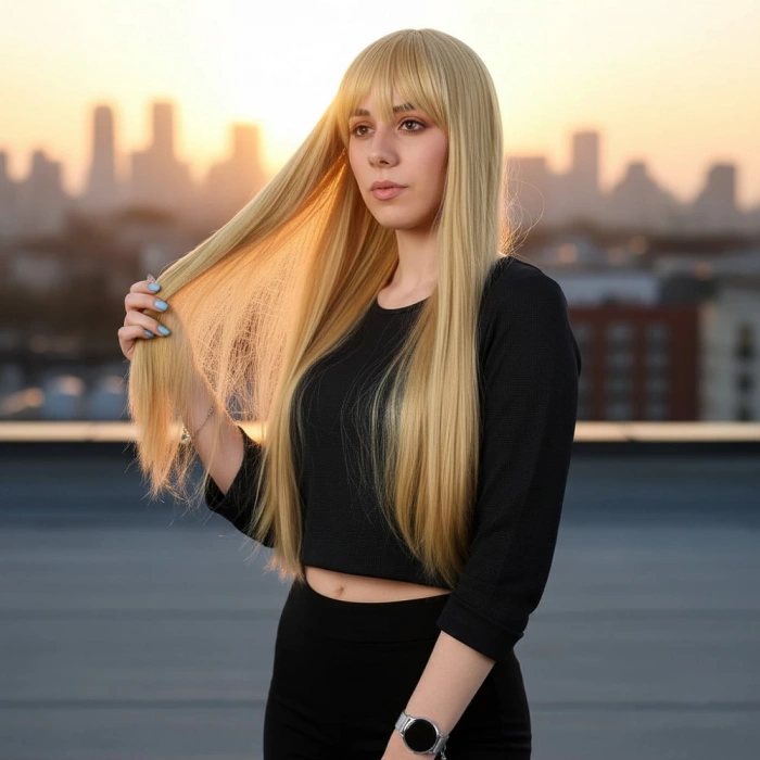 Fiber Sentetik Uzun Düz Kahküllü Peruk - Sarı