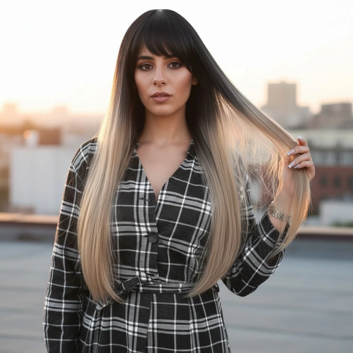 Fiber Sentetik Uzun Düz Kahküllü Peruk - Siyah / Küllü Bebek Sarı Ombreli