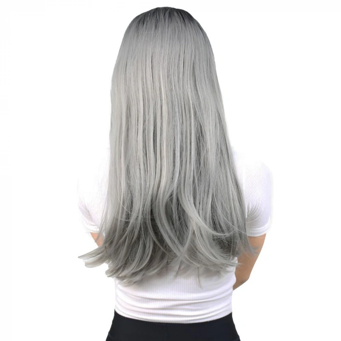 Fiber Sentetik Uzun Düz Peruk - Siyah / Gri Ombreli