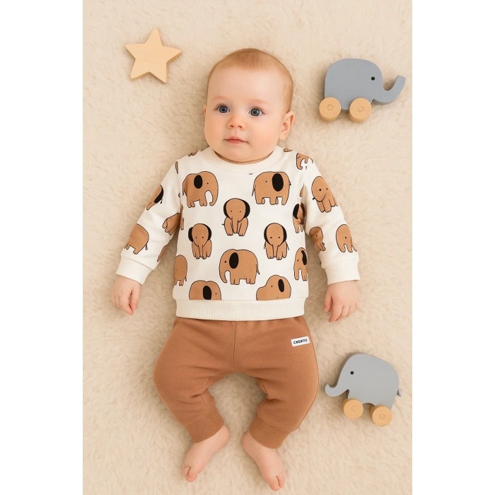 Fil Desenli 2li % 100 Pamuk Erkek Bebek Takımı