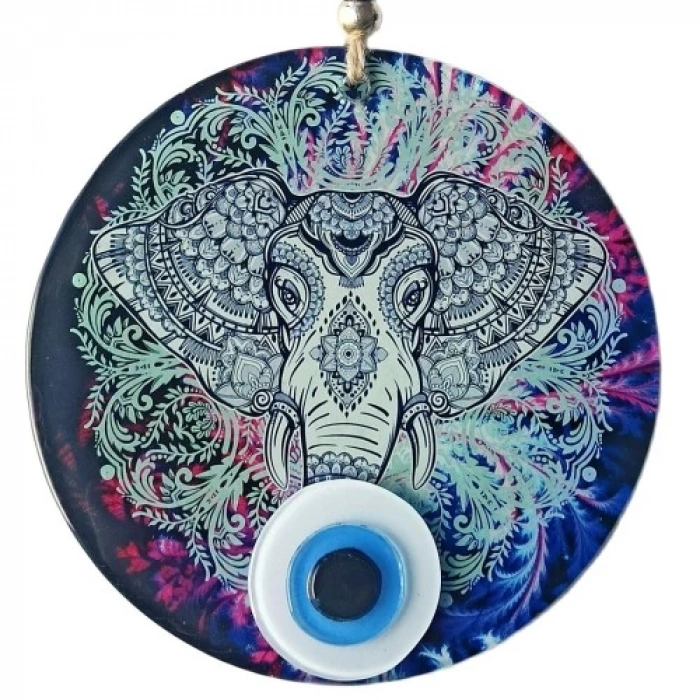 Fil Figürlü Nazar Boncuklu Füzyon Cam Duvar Süsü