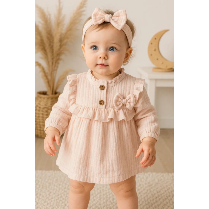 Fırfırlı Bandalı Elbise Kız Bebek Elbise