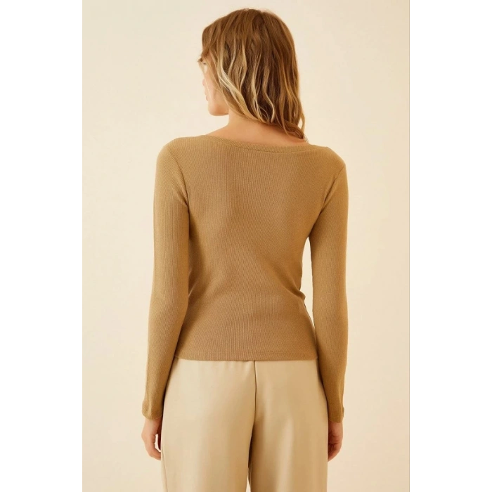 Fitilli Likralı Body Crop - Camel