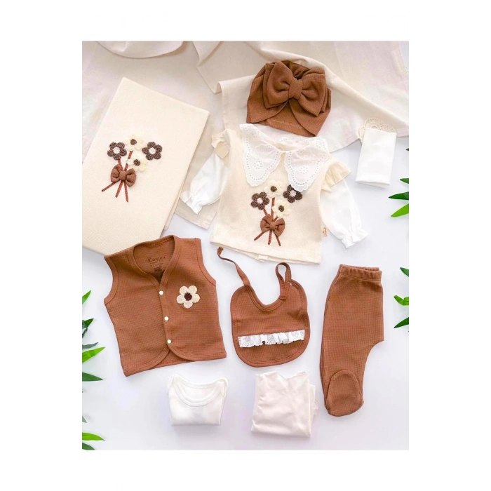 Fiyonk ve Çiçek Detaylı %100 Pamuk 10 Parça Bebek Hastane Çıkış