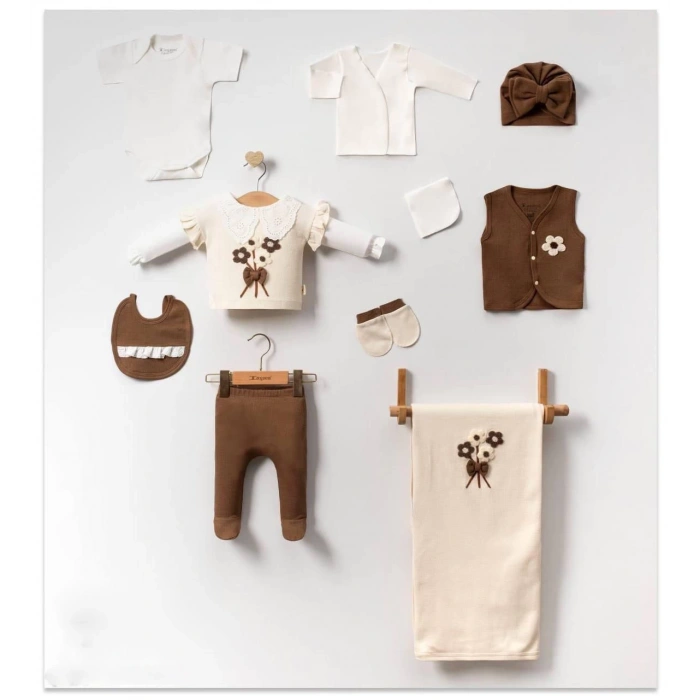 Fiyonk ve Çiçek Detaylı %100 Pamuk 10 Parça Bebek Hastane Çıkış