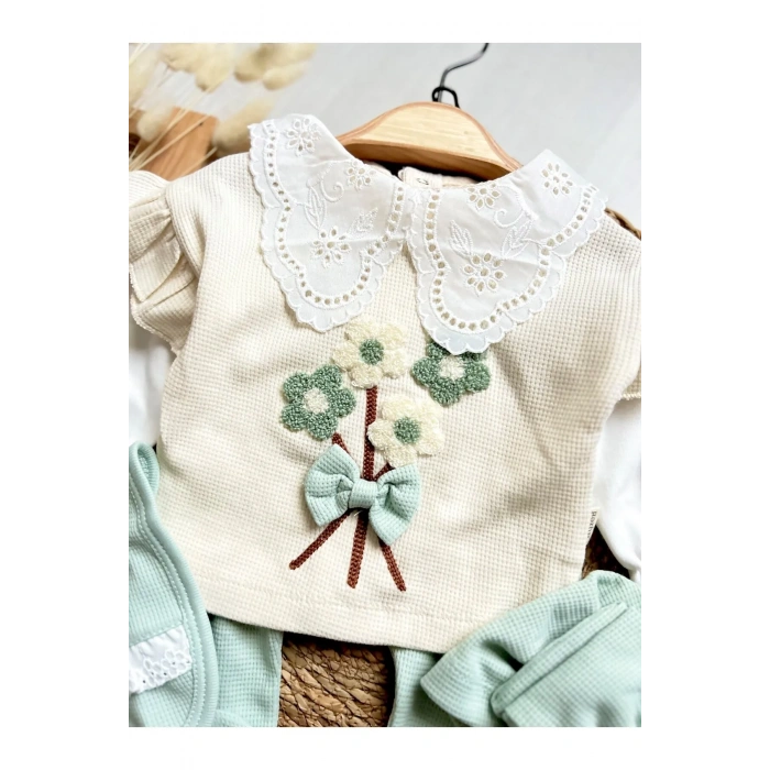 Fiyonk ve Çiçek Detaylı %100 Pamuk 10 Parça Bebek Hastane Çıkış