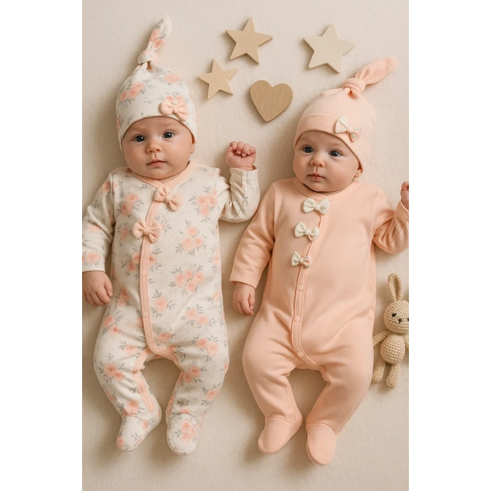 Fiyonklu Çiçek Desenli Kız Bebek 4lü Tulum Seti %100 Pamuk