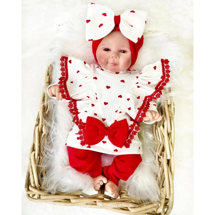 Fiyonklu Kalp Desenli % 100 Pamuk 3lü Kız Takım