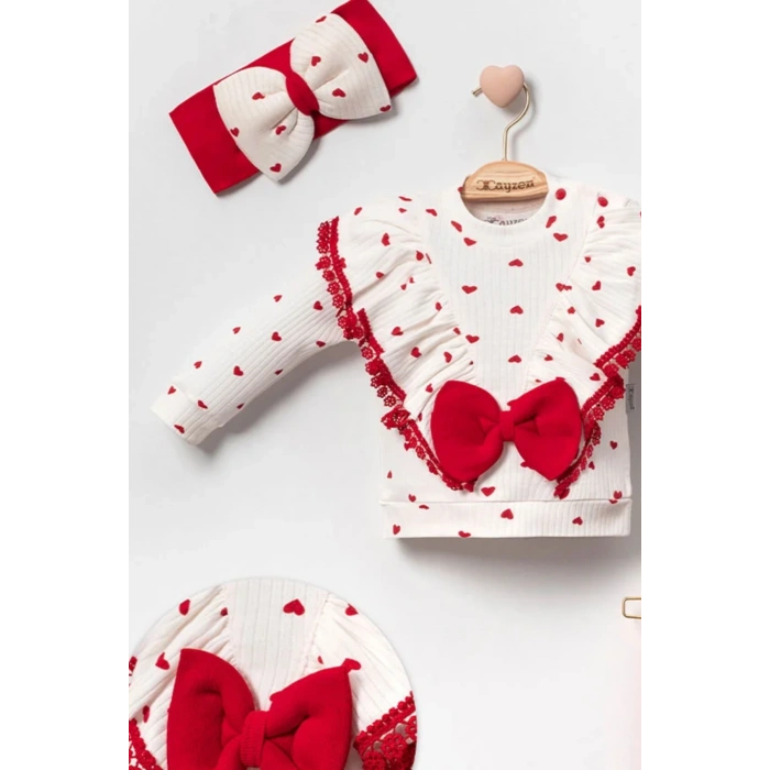 Fiyonklu Kalp Desenli % 100 Pamuk 3lü Kız Takım