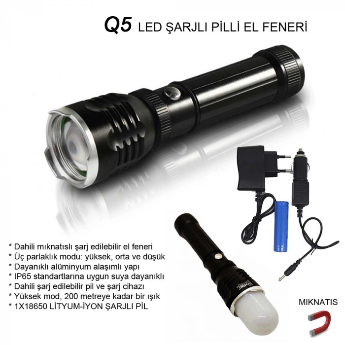 Flaşörlü Uzun Mesafeli Şarjlı Pilli Mıknatıslı EL Feneri Wt-282