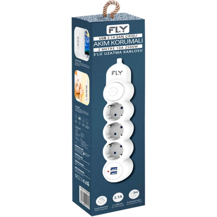 Fly 3393-01 3 Soket 2 Usb Akım Korumalı Priz 2.1a Anahtarlı 2mt Kablo (beyaz)(1923)