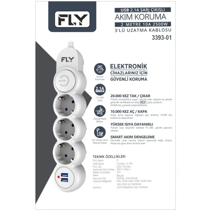 Fly 3393-01 3 Soket 2 Usb Akım Korumalı Priz 2.1a Anahtarlı 2mt Kablo (beyaz)(1923)