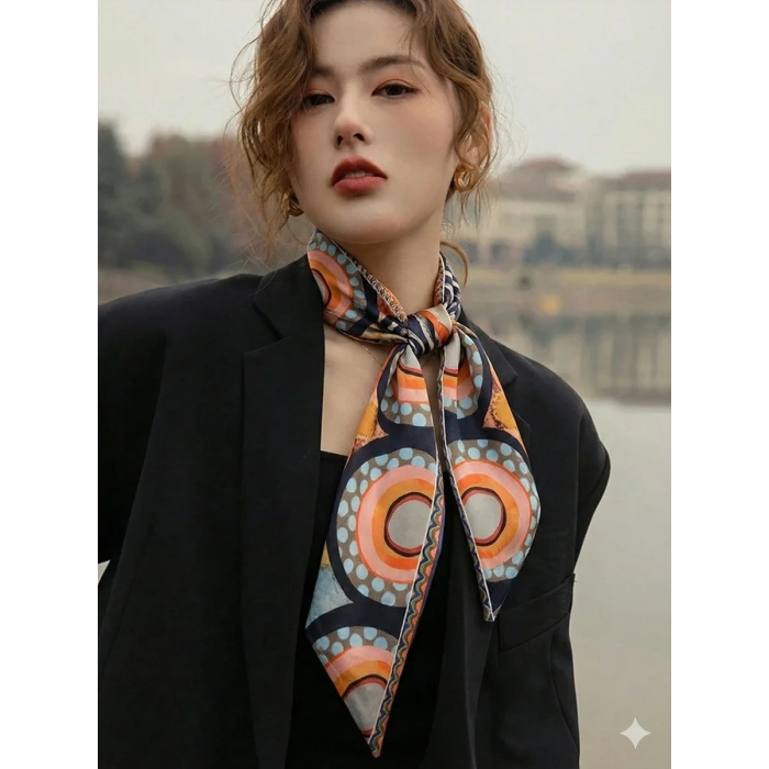 Fular Renkli Saten Geometrik Desenli Fular Zarif ve Canlı Tasarım – Günlük & Ofis, Hediye Edilebilir