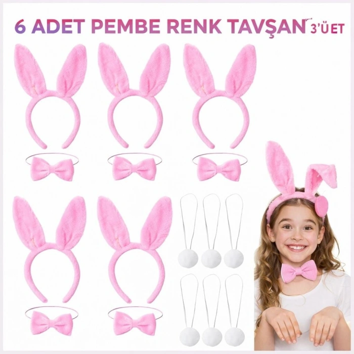 Full Pembe Renk Tavşan Sahne Seti 6lı Set Taç Papyon Kuyruk