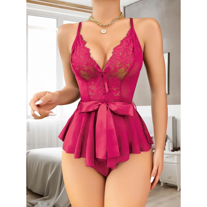 Fuşya Dantel İşlemeli Kurdelalı Fantezi Tül Babydoll