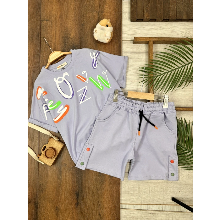 GARSON BOY MOR BİSİKLET YAKA KISA KOLLU LASTİKLİ BEL KIZ ÇOCUK & BEBEK ALT ÜST ŞORTLU TAKIM