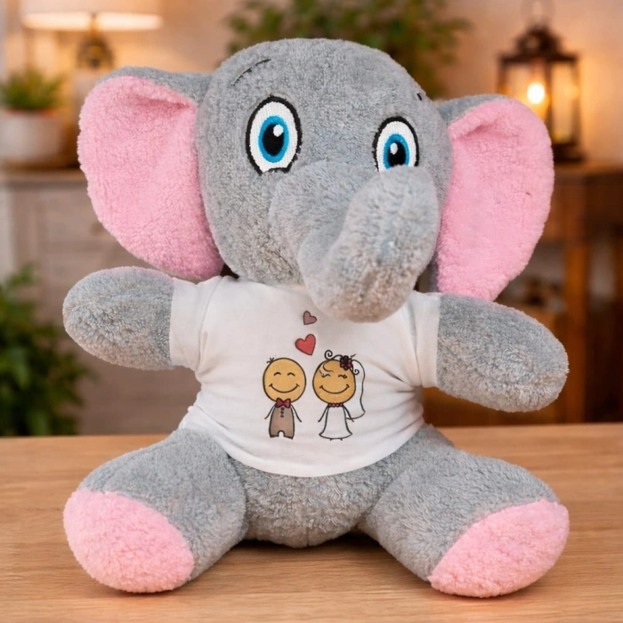 Gelin Damat Tasarım Tişörtlü Sevimli Peluş Fil