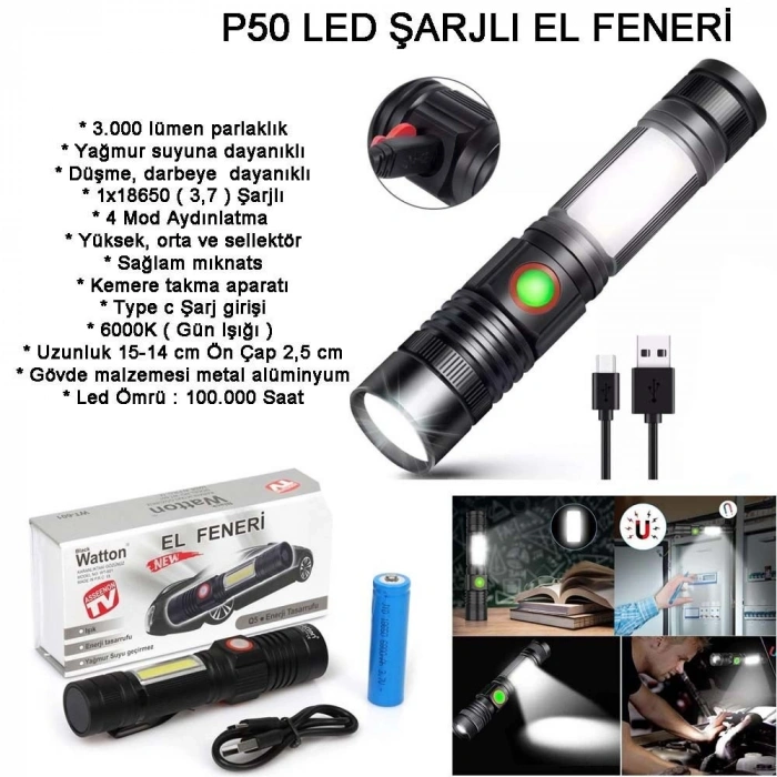 Geniş Açılı P50 Led Şarjlı EL Feneri Wt-601
