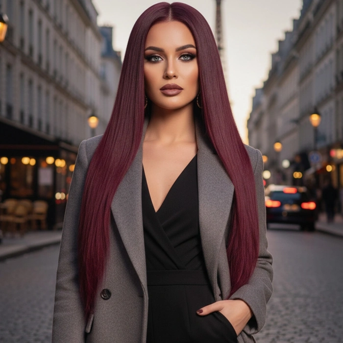 Gerçek Front Lace Tül Peruk - Düz - Koyu Kızıl 70-75cm