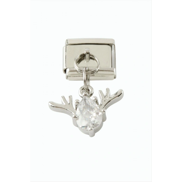 Geyik Zirkon Taşlı Sallatılı Çelik Charm