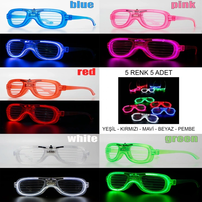 Glow Model Led Işıklı Parti Gözlüğü 3 Modlu 5 Renk 5 Adet (4887)