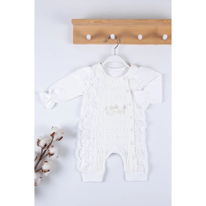 Gofralı Fransız Güpürlü % 100 Pamuk Kız Bebek Tulumu